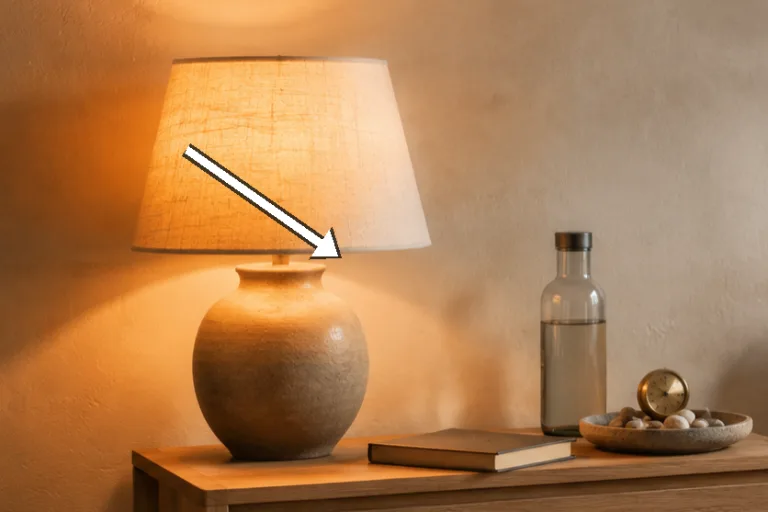 A ceramic base lamp with a linen shade softly glows on the bedside table.