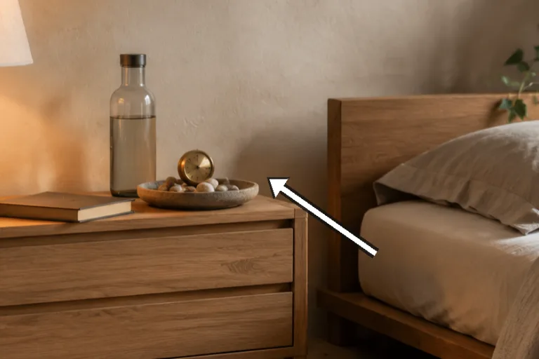 The top holds a hardcover book, a 640 ml glass bottle, and a pebble tray.