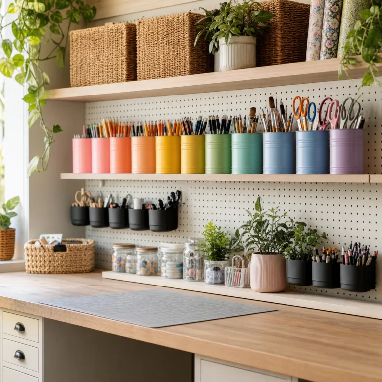 Rainbow tins line the shelves, filled with pens, scissors, and brushes