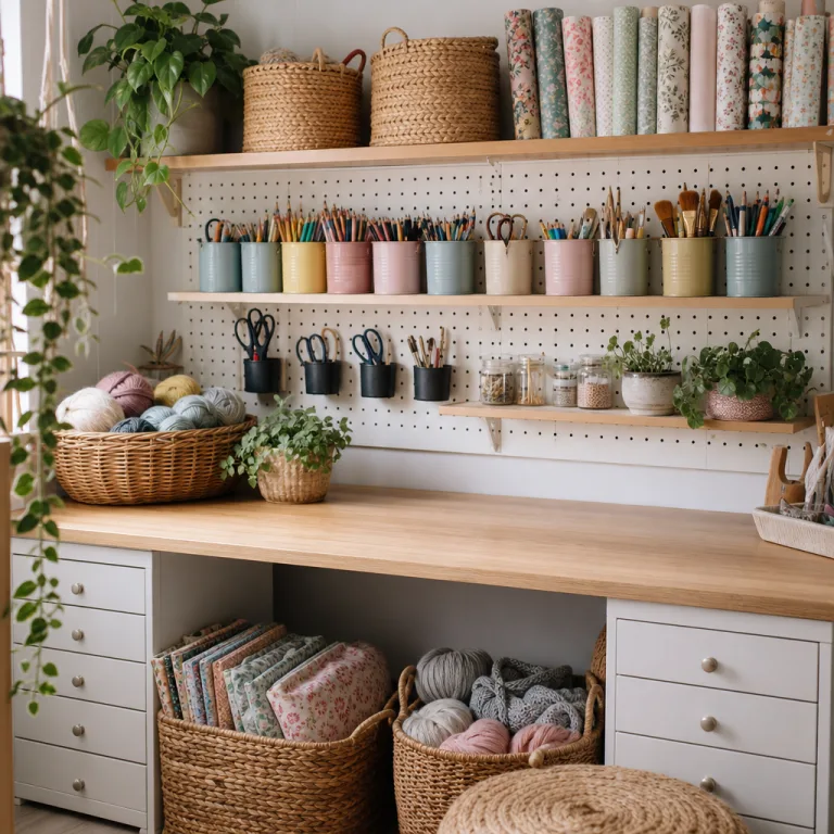 Wicker baskets hold fabrics and extra yarn by the drawers