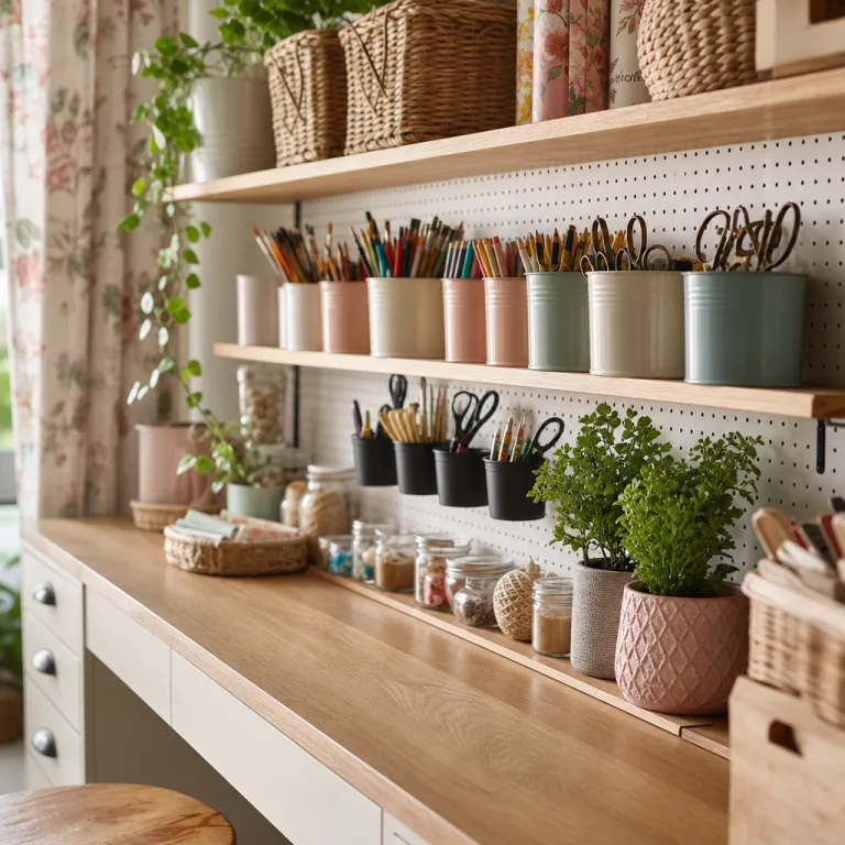 Potted greens and a floral curtain soften the dedicated workshop
