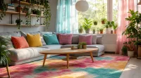 Wide establishing view of a sunlit living room filled with plants and bright textiles
