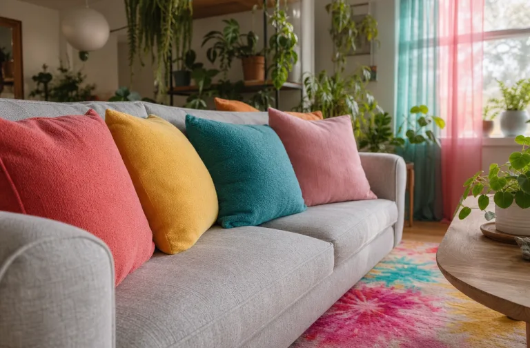 Close-up of coral, yellow, teal and pink cushions on the sofa