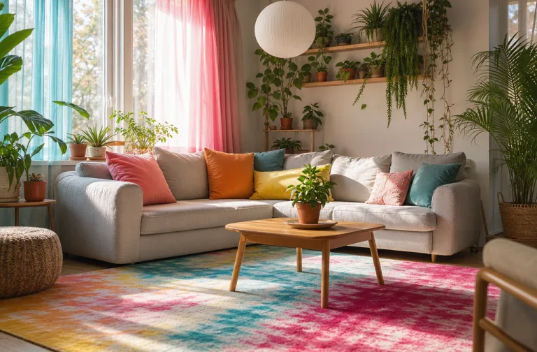 Detail of the tie-dye rug with pink, teal and lemon hues