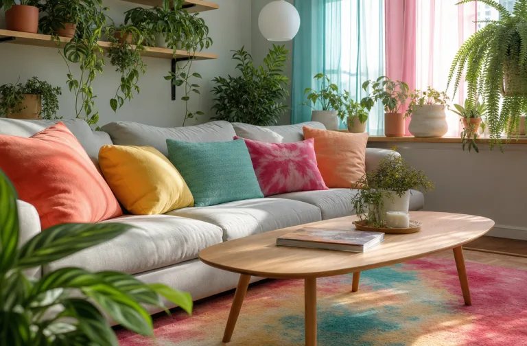 Potted plants along the window sill with turquoise and pink curtains
