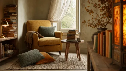 Wide establishing view of a cosy reading nook bathed in lamplight.