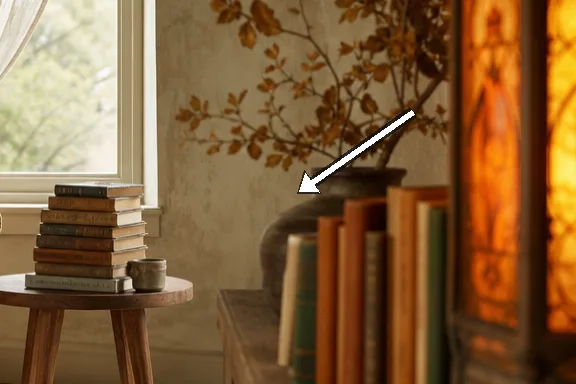 Close-up shows the stained-glass-like glow and book spines in autumn hues.