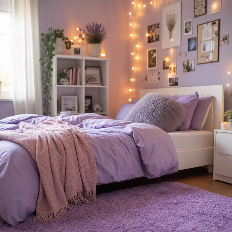 Close-up of lilac bedding, pink throw, and fluffy grey cushion