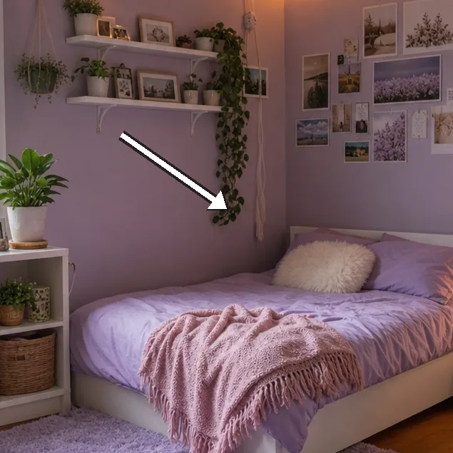 Shelf wall with potted plants and framed memories above bed