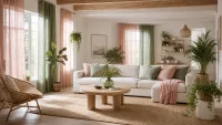 Wide view of a sunlit living room with pastel curtains and plants