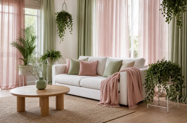 Plush pastel cushions on a white sofa with soft pink throw