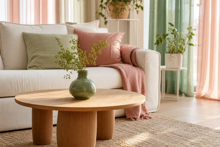 Round light-wood coffee table with green ceramic vase