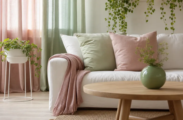 Trailing hanging plants and sheer curtains create airy texture