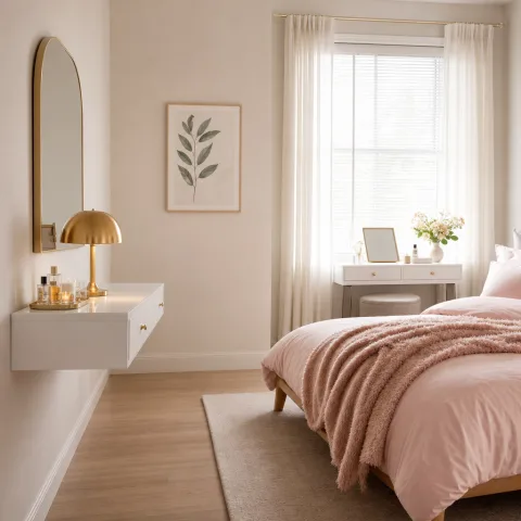 Wide view of a white-painted bedroom with blush pink accents.