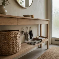 Wide establishing shot of the narrow entryway with the basket on the shelf