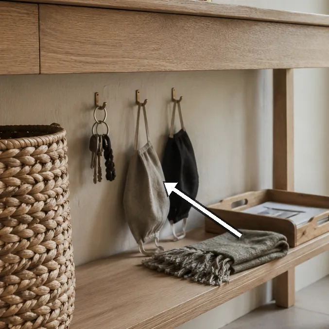Keys and masks on brass hooks beside the basket