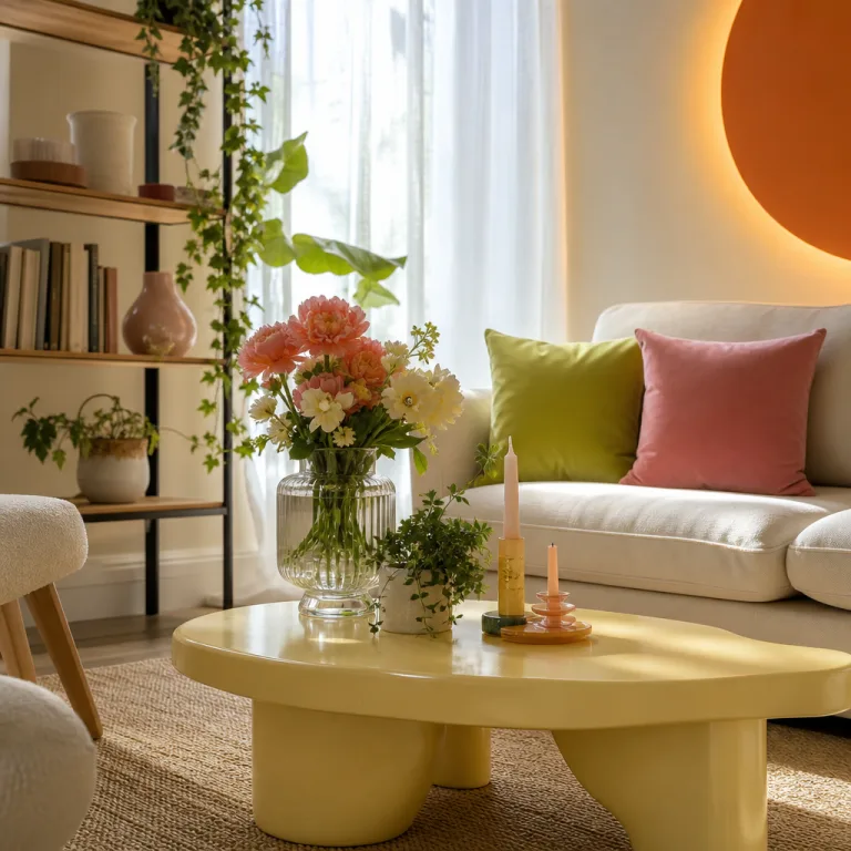 Detail of pale-yellow sculptural coffee table with flowers and candles