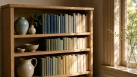 Wide establishing shot of a sunlit corner shelf in a living room.