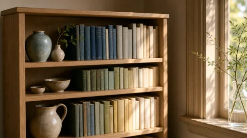 Wide establishing shot of a sunlit corner shelf in a living room.