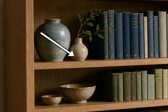 Close-up of glazed ceramics and worn book spines on the shelf.