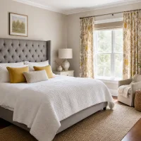 Wide view of the bedroom with a tufted grey headboard and yellow accents.