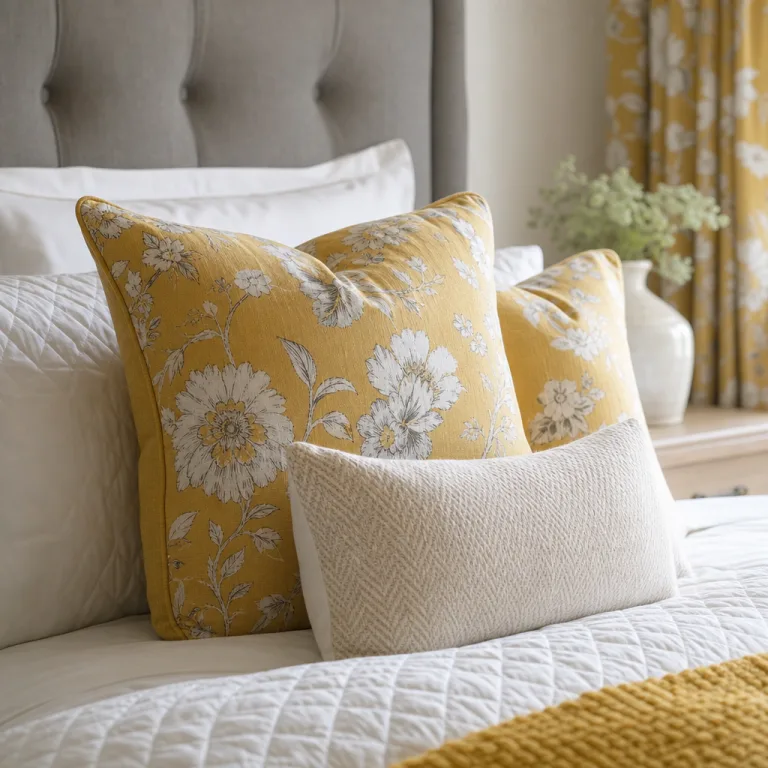 Close-up of the florals on the mustard-yellow cushions and white bedding.