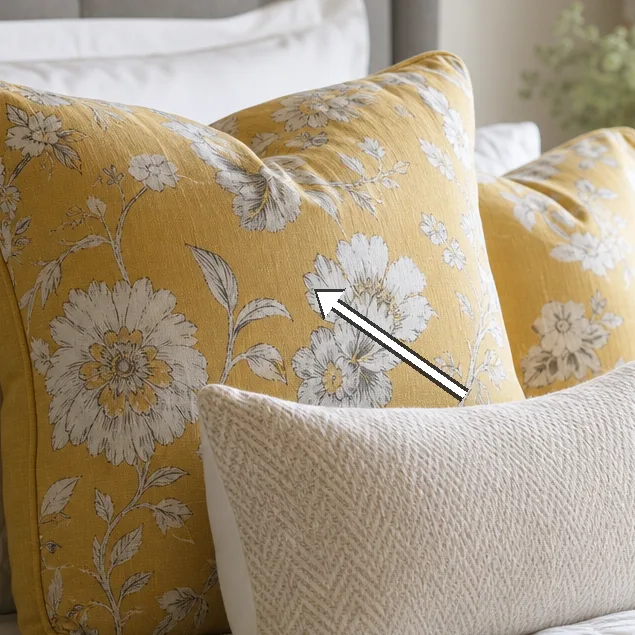 Curtains with yellow floral pattern framing the large window.