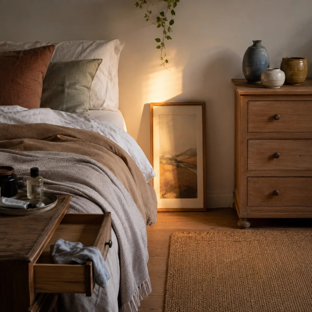 Wide view of the small bedroom at dusk, showing dresser, nightstand, and bed.