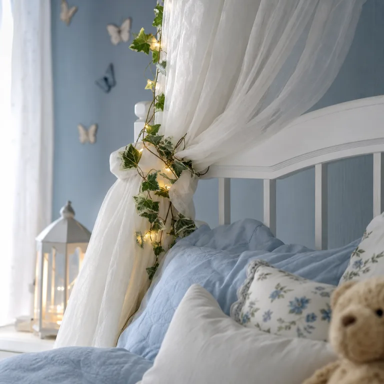 Close-up of sheer canopy gathered at the white headboard