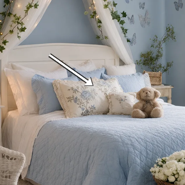 Soft blue quilted bedding with floral cushions and a plush bear