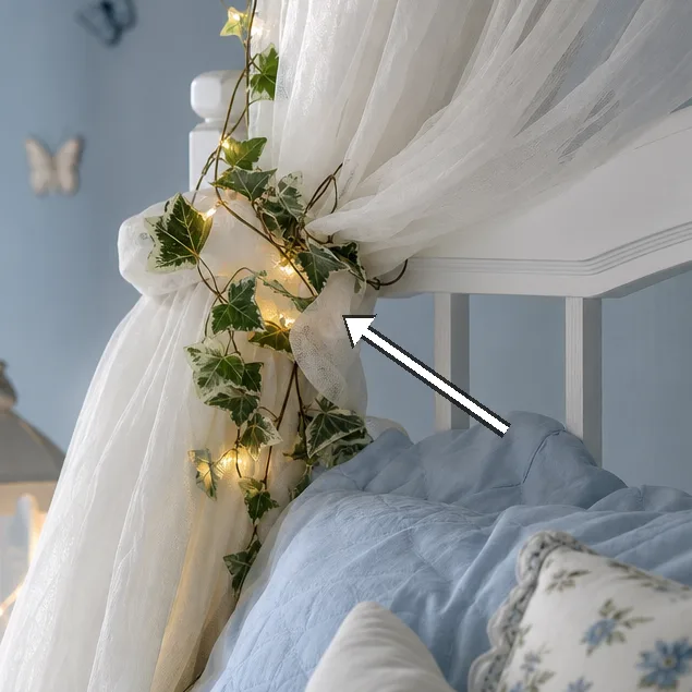 Warm fairy lights along ivy garlands create twilight ambience