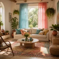 Wide establishing shot of a bright living room with colourful curtains and plants