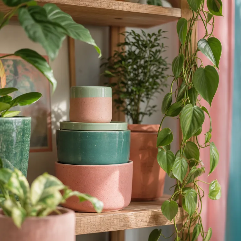 Close-up of stacked pastel pots on shelves with leafy plants