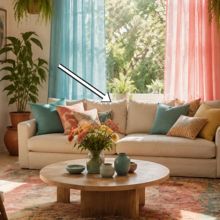 Sofas with bright cushions in pink, yellow, blue, and orange