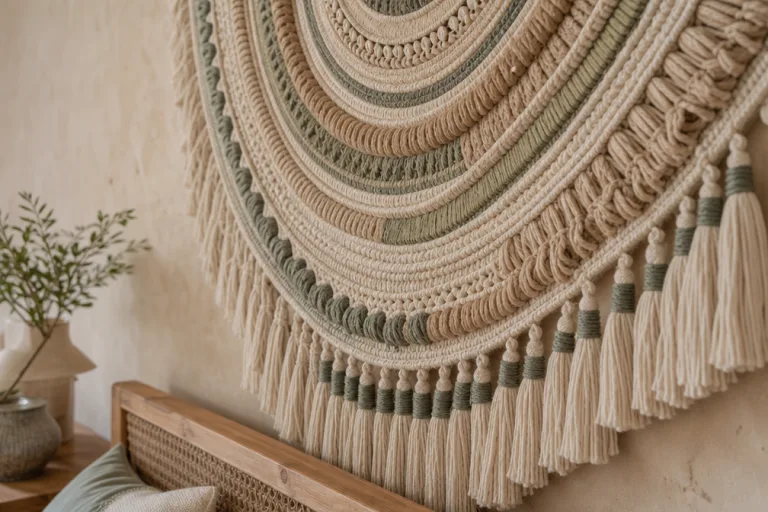 Close-up of the woven mandala tassels along the wall.