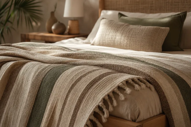 Detail of the striped throw at the foot of the bed.