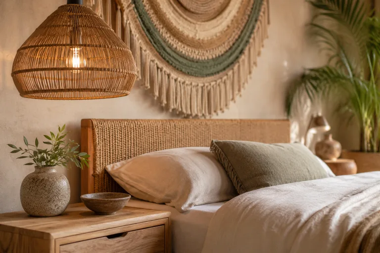 Close shot of the rattan pendant light and timber bedside.