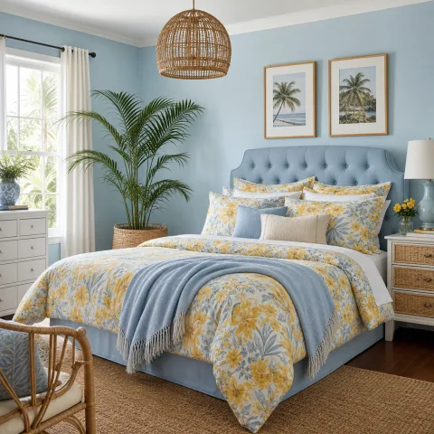 Wide view of a bright blue bedroom with tropical accents.