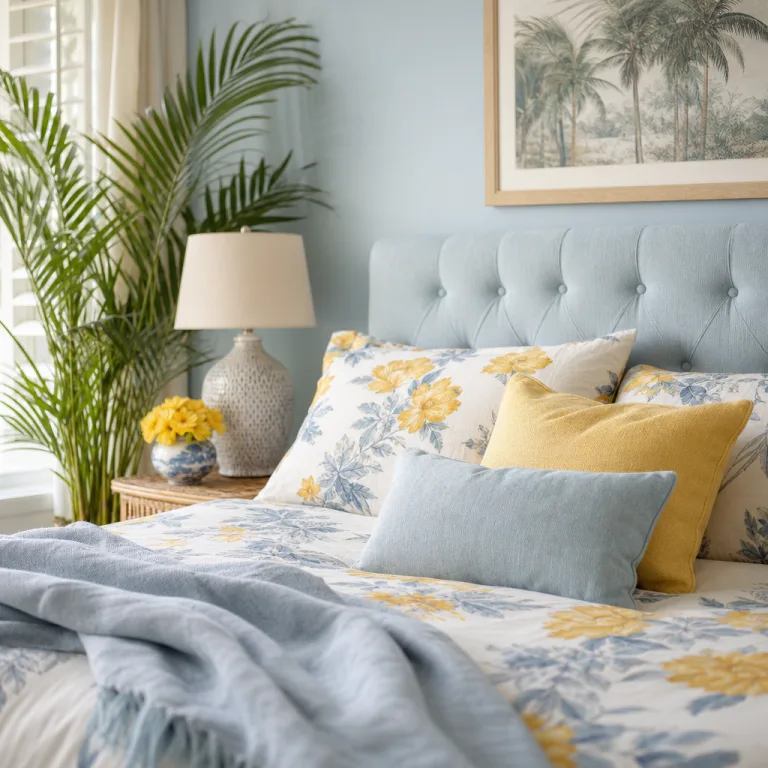 Soft light spills over a pale blue upholstered headboard.