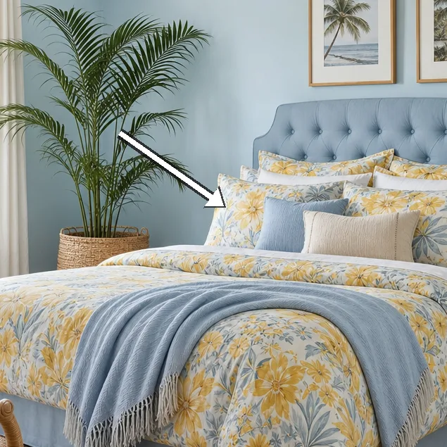 Vibrant floral bedding blends yellow and blue tones.