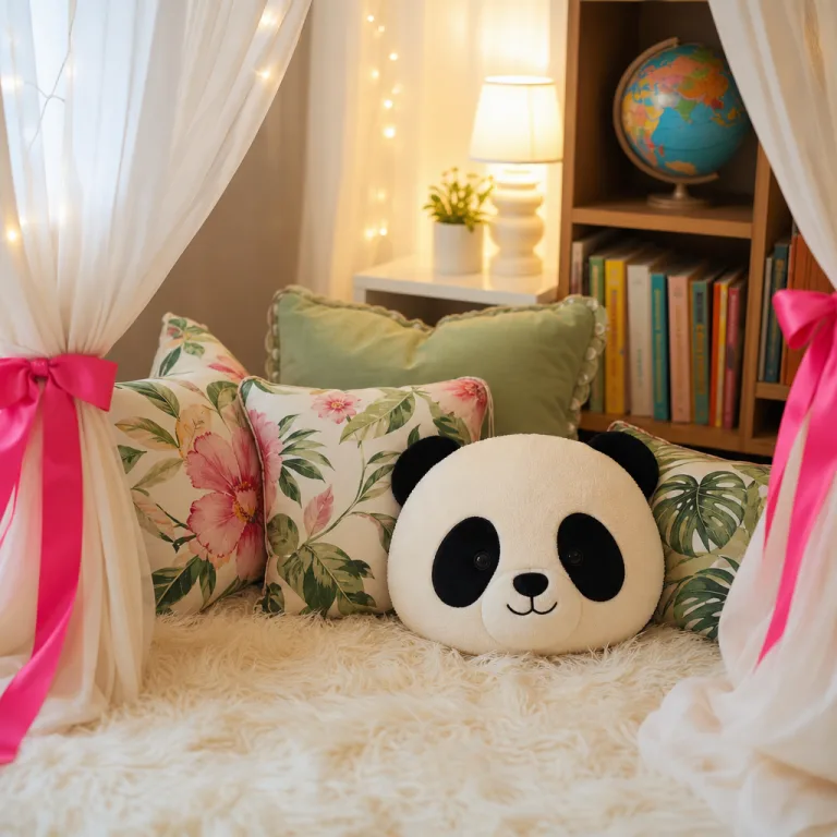 Panda cushion resting among floral and green cushions on fluffy rug.