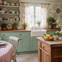 Wide shot of a cottage kitchen with mint cabinets and floral curtains