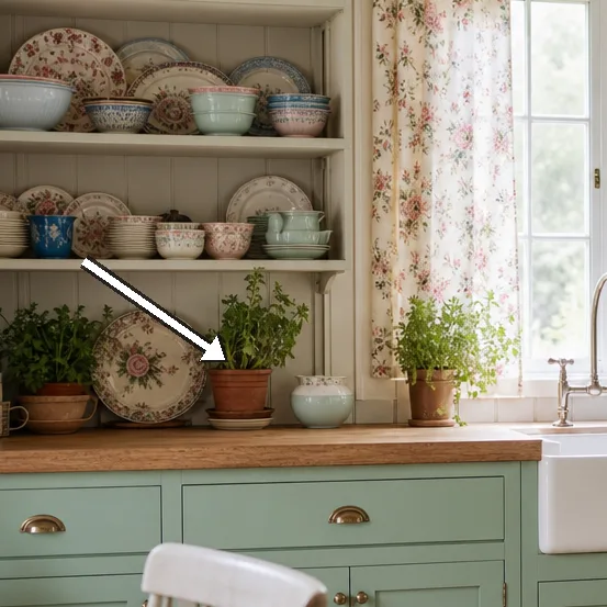 Open shelves hold bowls and plates in vintage patterns
