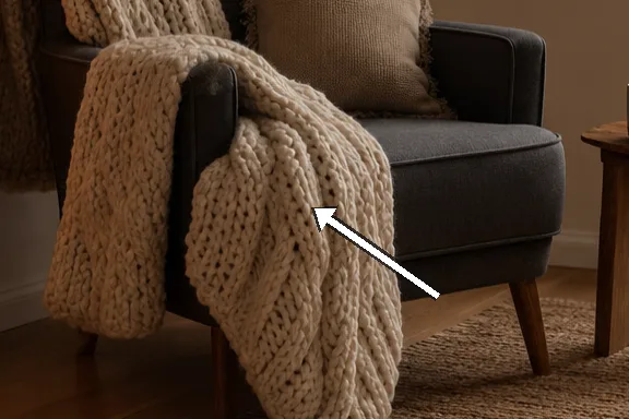 The chunky wool throw and 45 cm cushion on the chair.