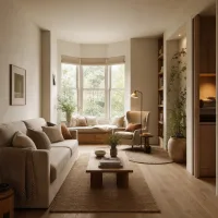 Wide establishing shot of the 14 sq m living room with five cosy corners.
