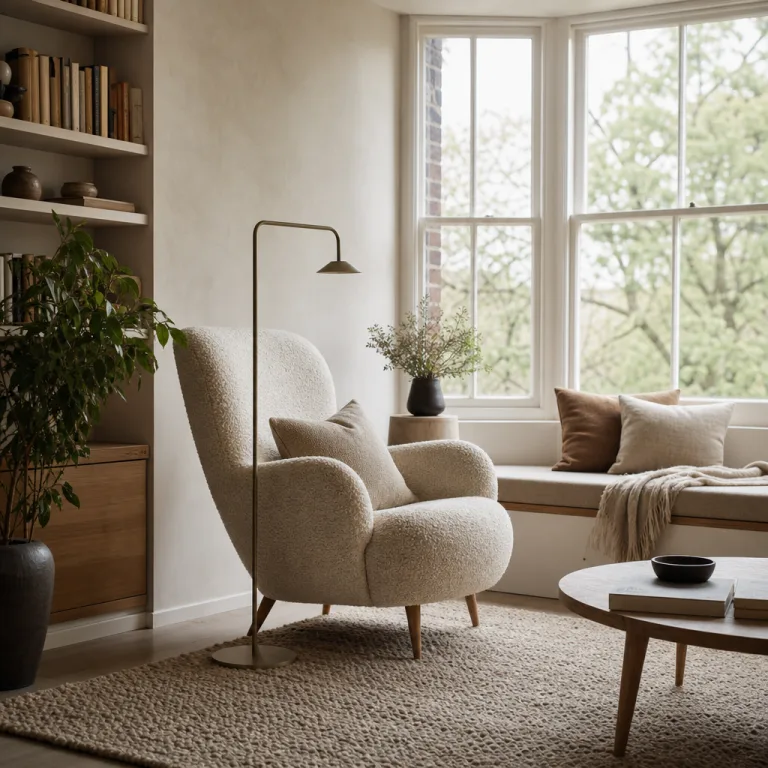 Reading corner by bay window with slim lamp and high-back chair.