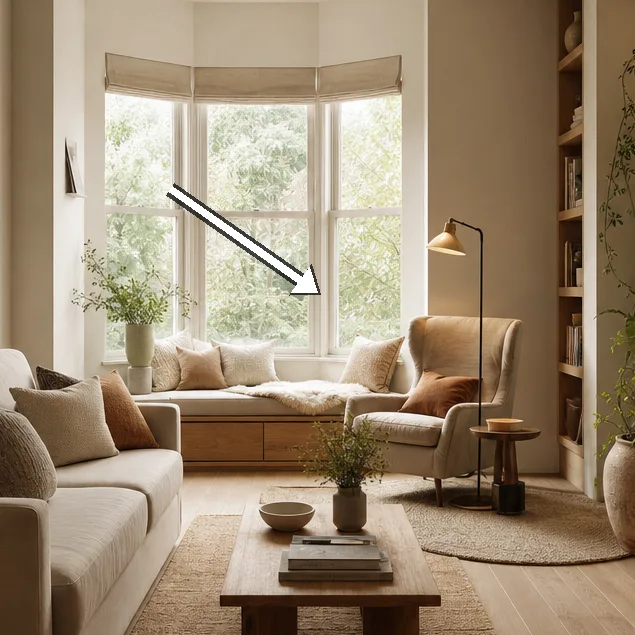 Built-in window seat with wool throw and soft natural light.