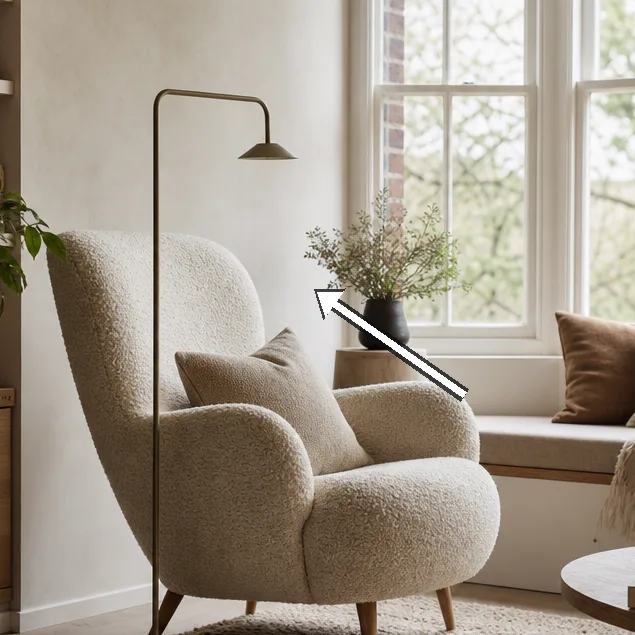 Plant-filled alcove beside shelving wall and storage nook.