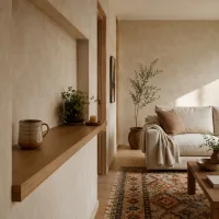 Wide establishing shot of a calm living room with a shallow alcove shelf.
