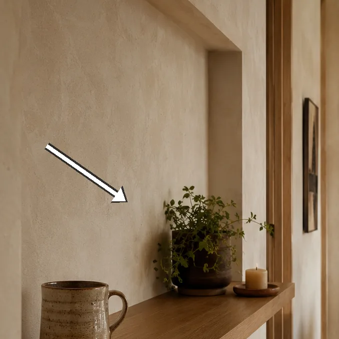 Detail of slim oak shelf fixed inside alcove with ceramic mug.